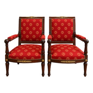Empire Mahogany Armchairs with Napoleonic Emblems, 19th Century, Set of 2 For Sale