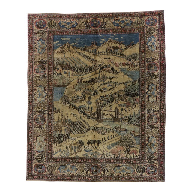 Antique Persian Tabriz Pictorial Rug - 09'04 X 11'06 For Sale