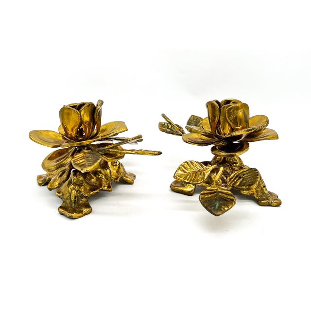 Vintage Pair Gold-Tone Metal Rose Candle Holders — Hollywood Regency / Maison Jansen Style For Sale - Image 9 of 12