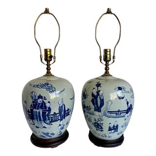 Antique Pair of Chinese Blue on Celadon Ginger Urn Table Lamps For Sale