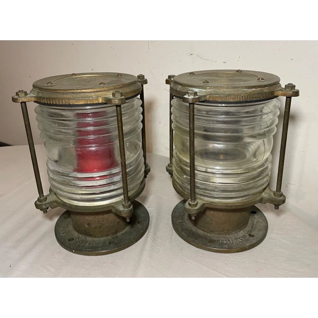 Antique Oceanic Solid Brass Glass Nautical Navigational Ship Deck Lamps - a Pair For Sale - Image 11 of 12
