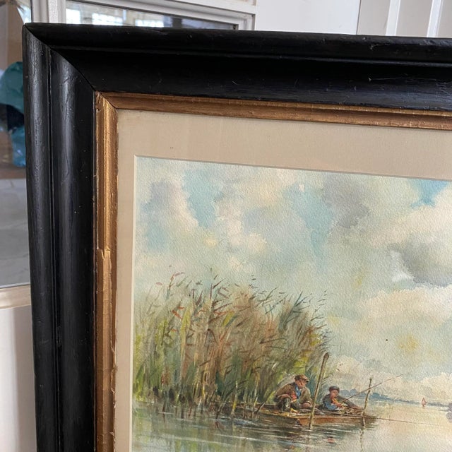 Paint Listed British Artist Bernard Harper Wiles 1883-1966 - Signed Framed Watercolor Painting of Men Fishing For Sale - Image 7 of 12