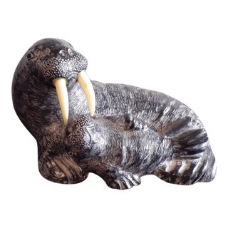 Vintage Canadian Wolf Sculptures Slate Walrus & Baby Sculpture For Sale