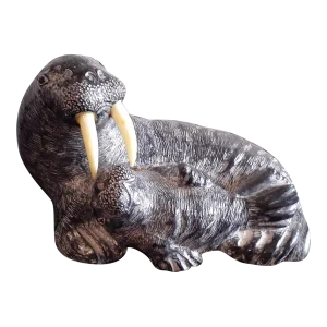 Vintage Canadian Wolf Sculptures Slate Walrus & Baby Sculpture
