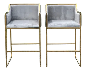 Modern Velvet and Gold Tone Counter Stools - a Pair