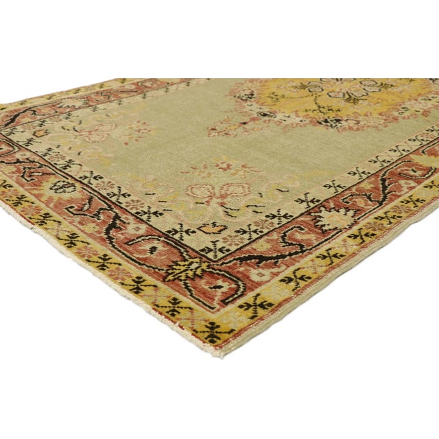 73785 Distressed Antique Turkish Oushak Rug, 03'05 X 06'05. This classic-style hand-knotted wool antique Turkish Oushak...