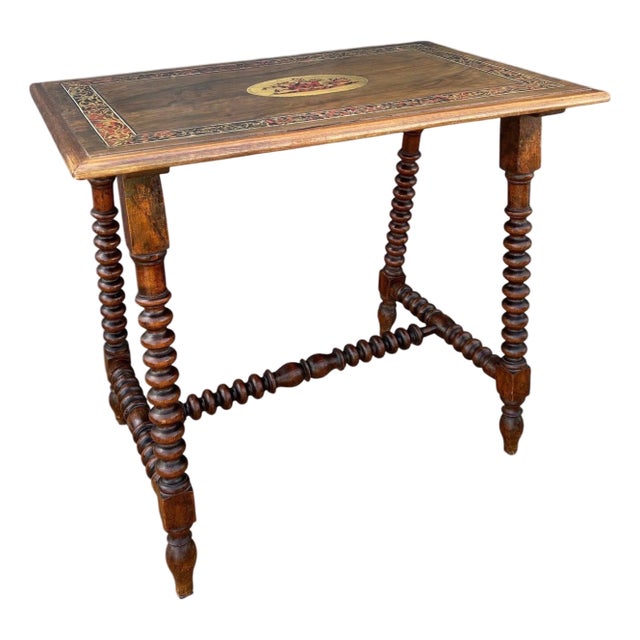 Spanish Barley Twist Table with Inlaid Marquetry Top, Early 20th Century For Sale