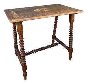Spanish Barley Twist Table with Inlaid Marquetry Top, Early 20th Century