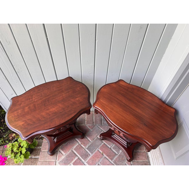 Traditional Vintage Lyre Base End Tables - Pair of Carved Mahogany Tone Harp Side Tables For Sale - Image 3 of 11