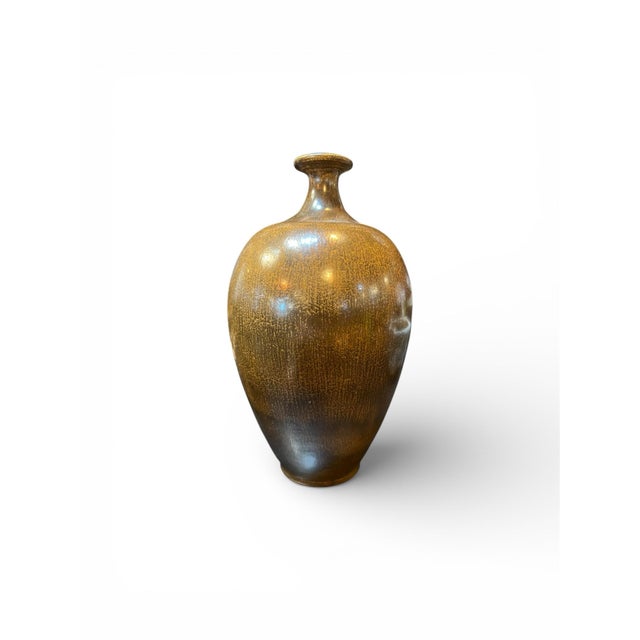 Mid-Century Modern William & Polia Pillin Studio Pottery Vase With Mottled Ochre Glaze, C. 1960s For Sale - Image 3 of 5