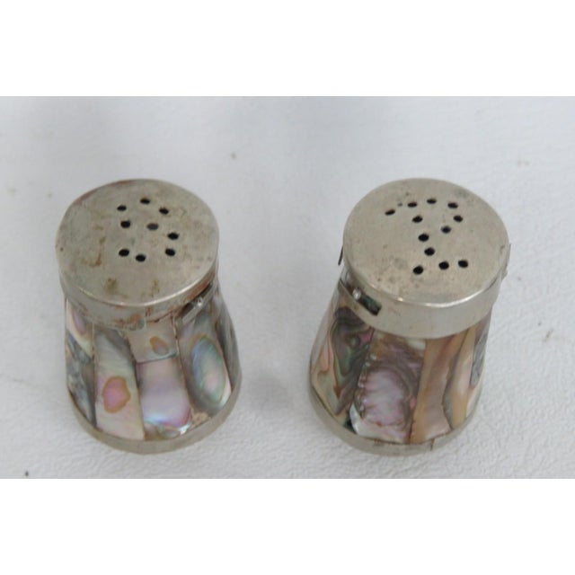 Mexican Salt and Pepper Shaker Pair 2pc Alpaca Silver Abalone Shell 5191b For Sale - Image 14 of 14