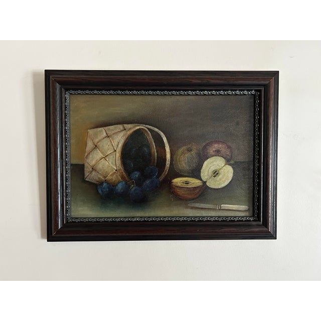 Impressionist Antique Framed Oil Painting Still Life of Apples and Plums in Basket For Sale - Image 3 of 6
