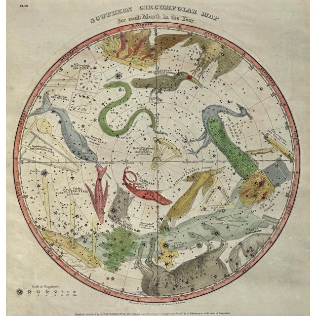 Illustration 1835 Elijah Burritt Celestial Atlas Prints – Geography of the Heavens Constellation Engravings, Hand-Colored Pair, Framed For Sale - Image 3 of 7