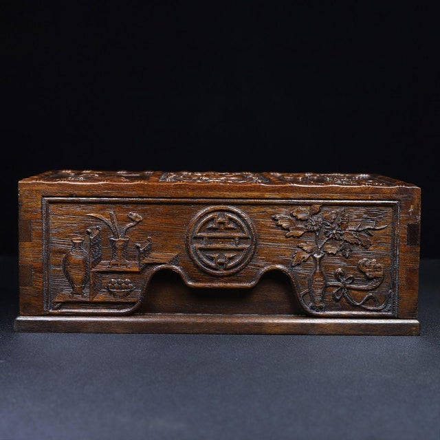 Chinese Vintage Chinese Huali Rosewood Box | Carved Bogu Motif Scholar's Chest For Sale - Image 3 of 8