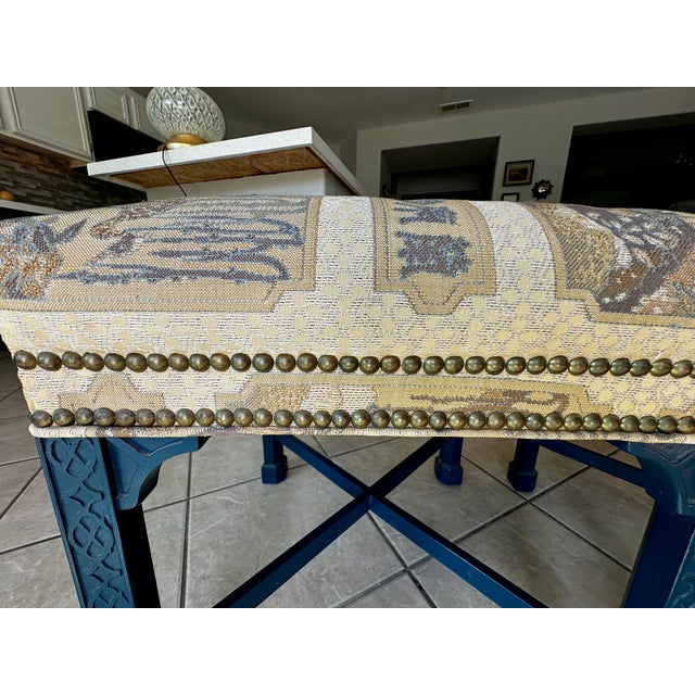 Pair Painted Chinese Chippendale Style Benches Chinoiserie Tapestry Upholstery For Sale - Image 13 of 18