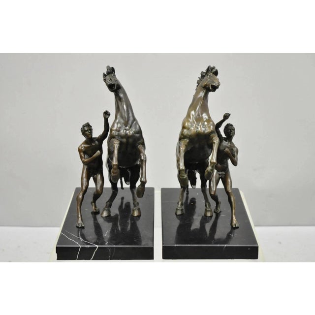 Late 20th Century Vintage Bronze Marly Horse and Tamer Sculpture After Coustou on Marble Base Pair For Sale - Image 11 of 11