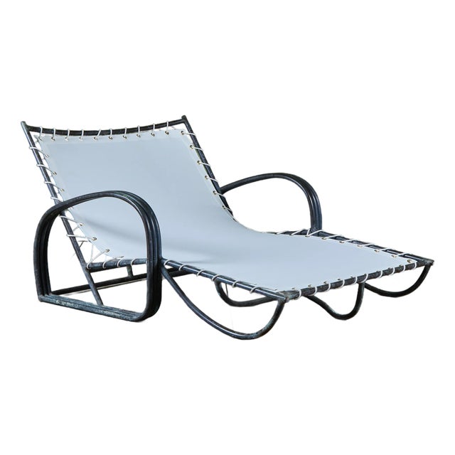 Early Walter Lamb Bronze & Canvas Double Wide Patio Chaise Lounge For Sale