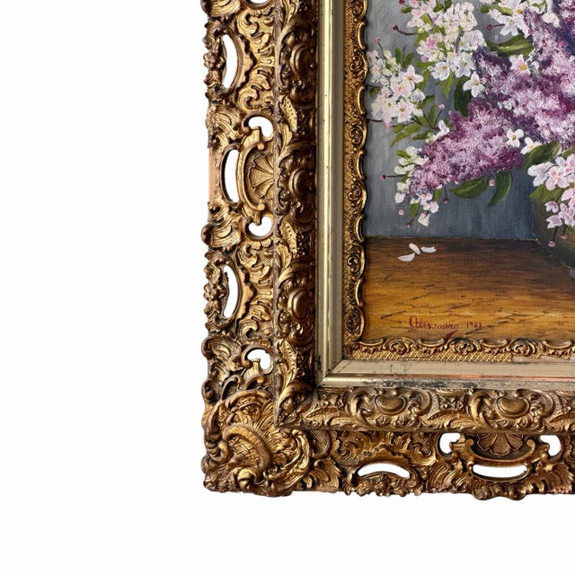 Lilac Still-Life Oil Painting in Ornate Antique Gilt Frame by Alexandrov 1983 For Sale - Image 4 of 12