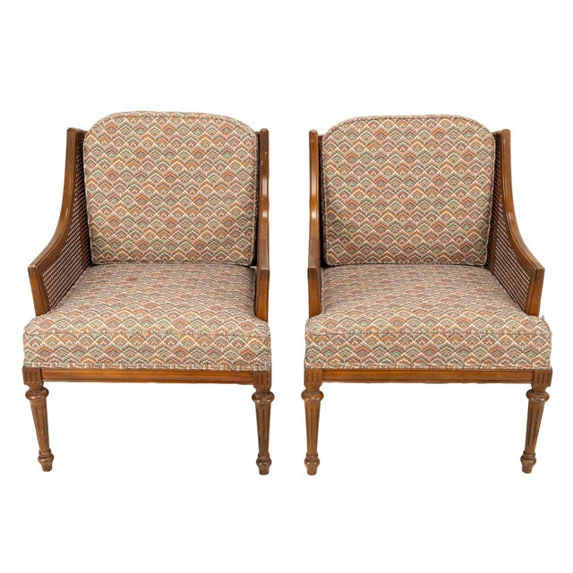 French 1960s Hollywood Regency French Style Caned Bergere Chairs With Flamestitch Fabric - A Pair For Sale - Image 3 of 10