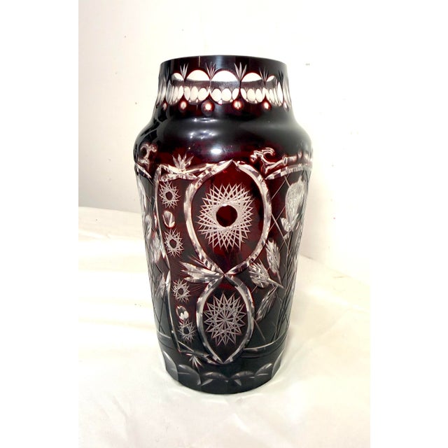 Boho Chic Vintage Handmade Red Cranberry Czech Cut to Clear Crystal Glass Ornate Vase For Sale - Image 3 of 9