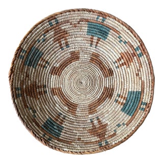 African Coiled Straw Basket, 14.25 In. Diameter, Natural, Rust and Teal For Sale