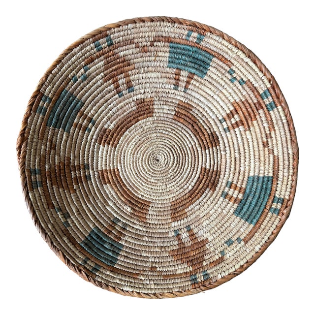 African Coiled Straw Basket, 14.25 In. Diameter, Natural, Rust and Teal For Sale