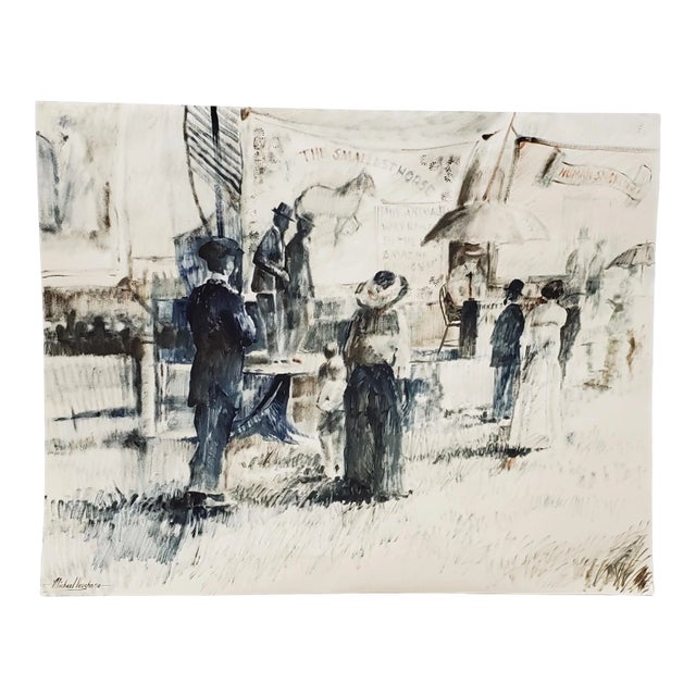 Figures at an Early 20th Century Carnival Original Watercolor by Vaughn C.1976 For Sale