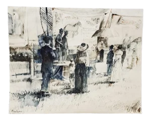 Figures at an Early 20th Century Carnival Original Watercolor by Vaughn C.1976