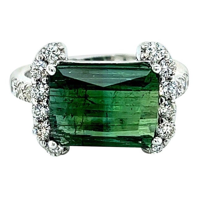 Natural Tourmaline Diamond Ring 14k W Gold 4.2 TCW Certified For Sale