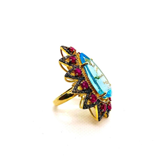 Late 20th Century Bochic “Capri” Vintage Ruby, Blue Topaz & Diamond Ring Set In 18K Gold & Silver For Sale - Image 5 of 11