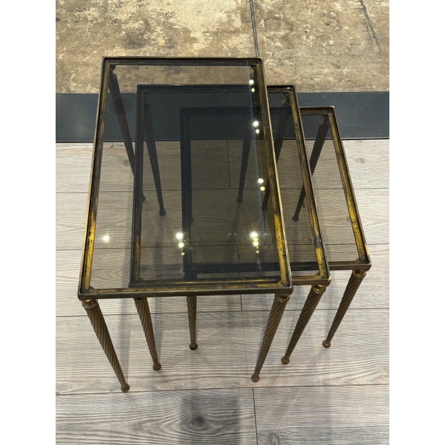 French Mid-Century French Brass Nesting Tables With Original Smoke Glass For Sale - Image 3 of 9