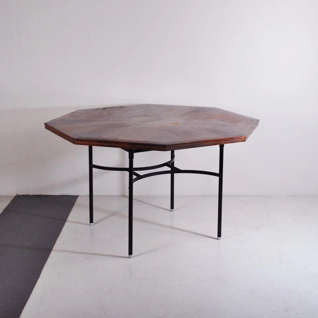 Inlaid Hexagonal Wooden Table with Tubular Metal Base, 1960s For Sale - Image 6 of 8