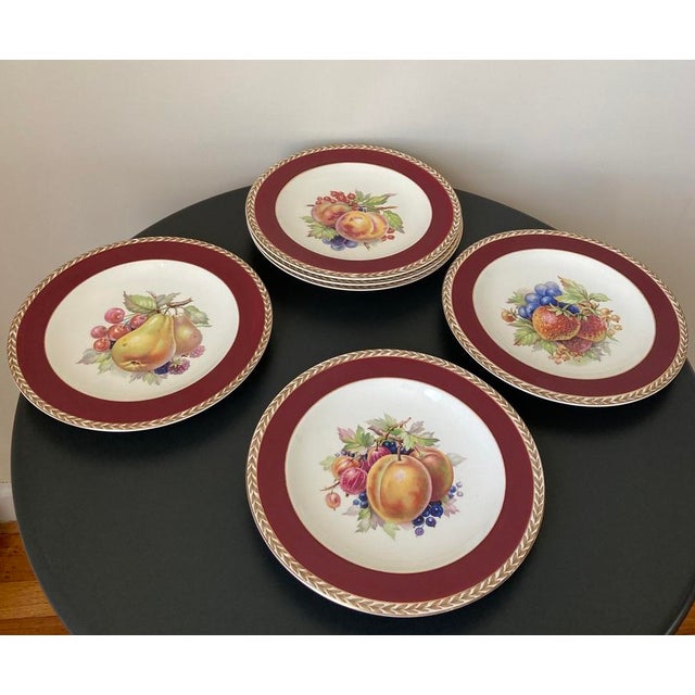 Early 20th Century Crown Ducal Red Burgundy and Gold Border Fruit Decorated Porcelain Plates- Set of 6 For Sale - Image 18 of 18