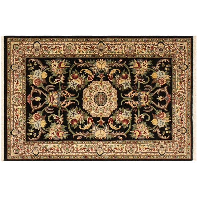 Blue Shabby Chic Medallion 1990's Pak-Persian Black/Beige Wool Rug - 4'2'' X 6'2'' For Sale - Image 8 of 9