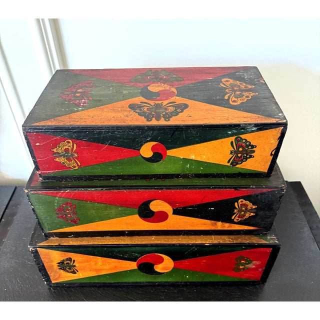 Set of Three Korean Stackable Sewing Box Covered in Hanji Paper For Sale - Image 12 of 18
