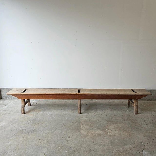 Dimensions: 13.25"D x 120.5"L x 17.75"H This beautifully worn antique train bench began its life as a working bench in...