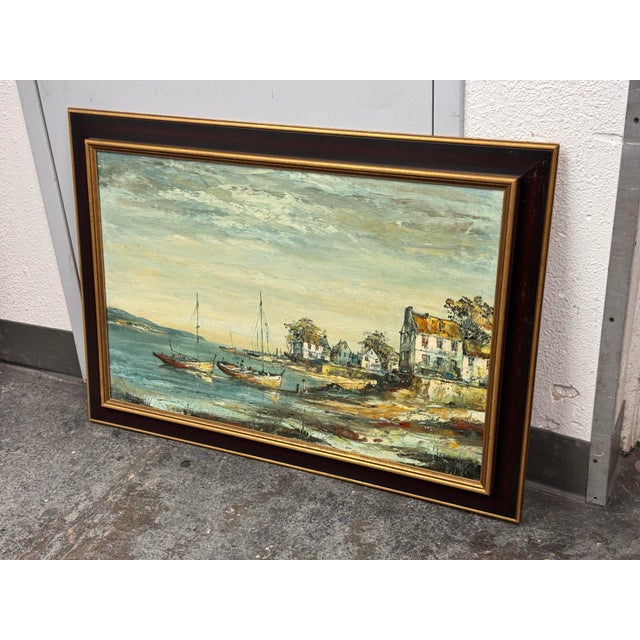 J. Clement Coastal Harbor Oil Painting, Vintage For Sale - Image 9 of 12