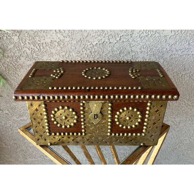 Rustic European Mid 20th‑Century Spanish Colonial-Style Hand Hewn Walnut Wood & Brass Accent Box For Sale - Image 3 of 18