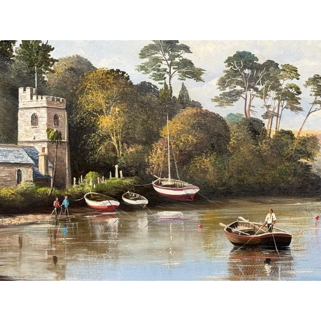Late 20th Century Painting of Church in Cornwall on the English South Coast with Figures & Boats 1985 Circa For Sale - Image 5 of 16