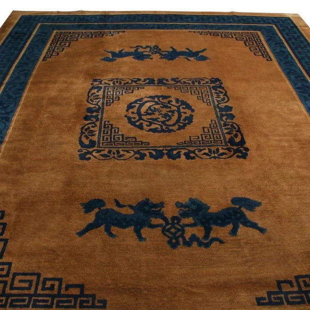 Art Deco Antique Peking Blue and Copper Brown Wool Rug With Rare Kirin Designs For Sale - Image 3 of 9