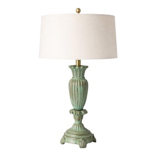 Verdigris Patinated Urn Form Table Lamp With 16” Linen Drum Shade For Sale