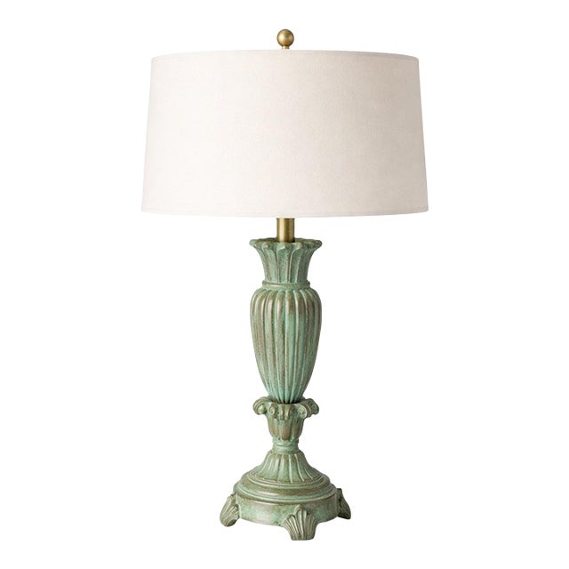Verdigris Patinated Urn Form Table Lamp With 16” Linen Drum Shade For Sale