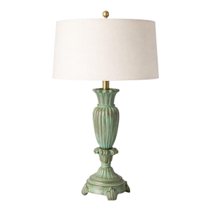 Verdigris Patinated Urn Form Table Lamp With 16” Linen Drum Shade
