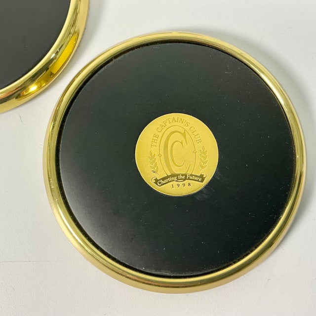 Brass 1990s Vintage Hollywood Regency Traditional Brass & Leather Coasters - Set of 5 For Sale - Image 8 of 10