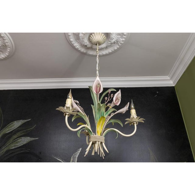 Hollywood Regency Pastel Color Callas Lily Flower Bouquet Metal Chandelier, 1970s For Sale - Image 6 of 18