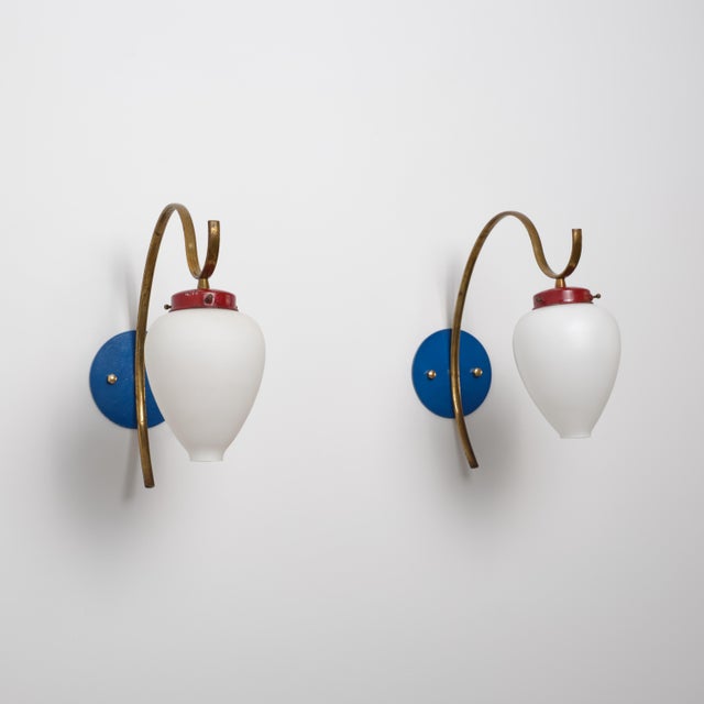 1950s Italian Brass, Blue and Red Metal and Opaline Glass Sconces, 1950s, Set of 2 For Sale - Image 5 of 8