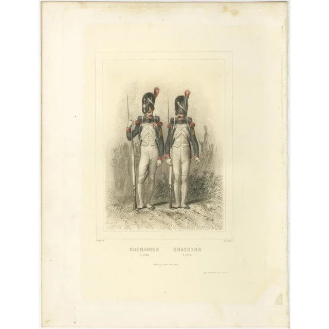 Napoleonic Foot Grenadiers – Chasseur, Grenadier, and Flag Bearer, 1859 This striking pair of hand-colored lithographs...