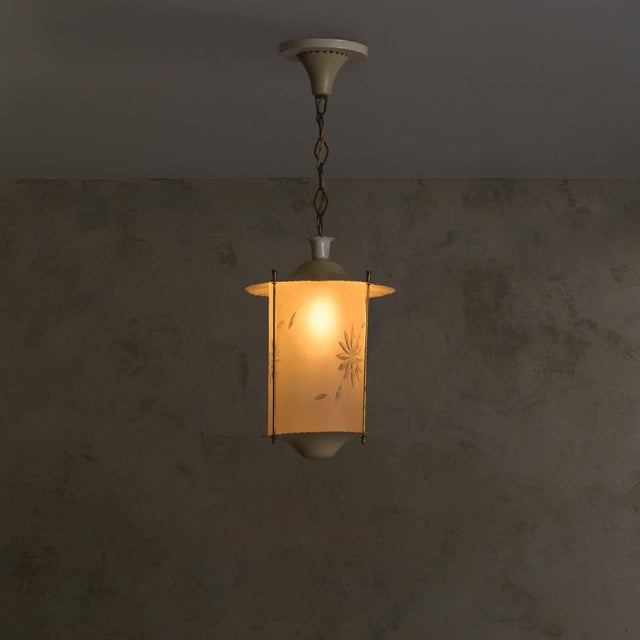 Italian Cylindrical Ivory Lacquer + Starburst Glass Lantern Pendant, 1950s For Sale - Image 10 of 11