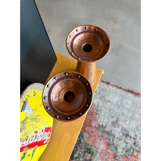 Antique Arts & Crafts Riveted Copper Trumpet Vases Pair Joseph Heinrichs Benedict Art Studio Attr. For Sale - Image 12 of 14