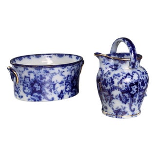 Flow Blue Porcelain Jug with Basin, Set of 2 For Sale